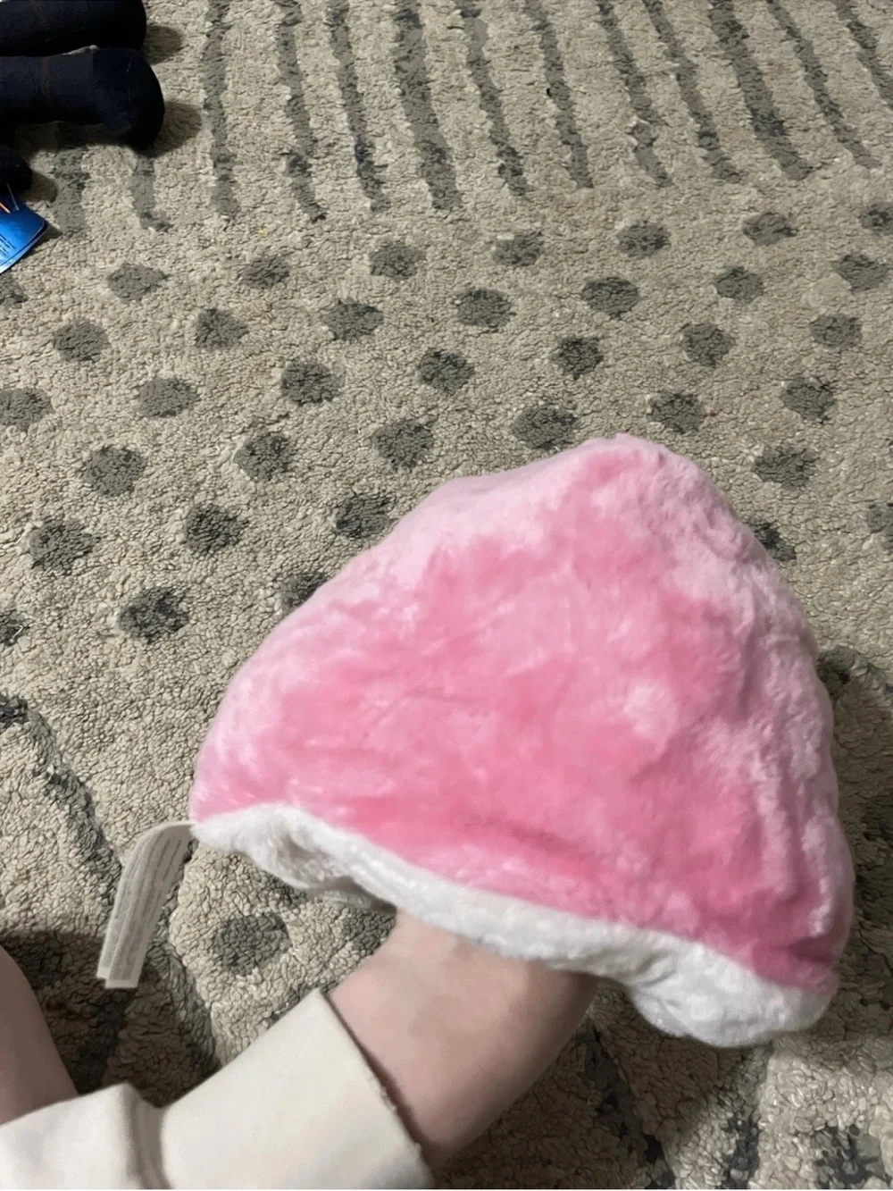 Cute White Plush Kids Hat with Pink Trim and Red Face